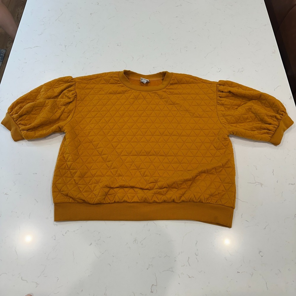 A New Day Womens Large Mustard Quilted Puff Sleeve Crewneck Sweatshirt Boho